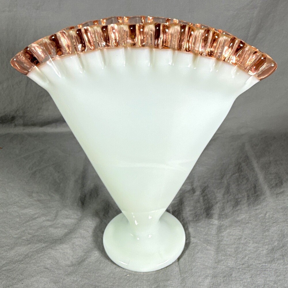 Vintage Fenton Rose Crest Milk Glass Fan Vase #36 Pink Ruffled Edge 1940s